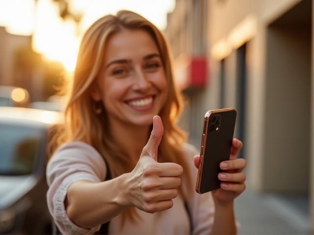 Happy customer holding their repaired smartphone with a thumbs up