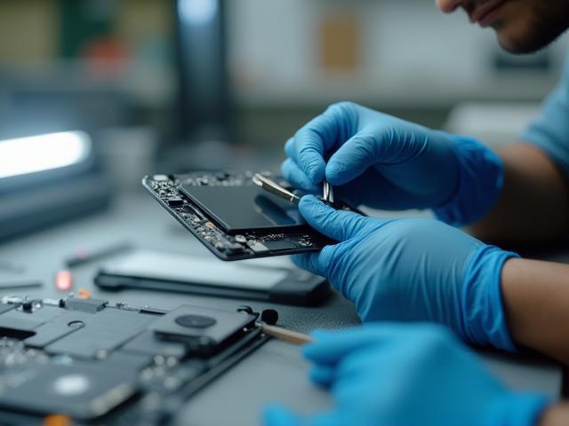 Technician replacing a smartphone battery with precision